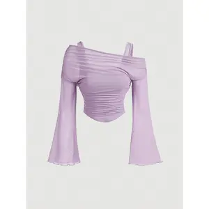 SYHAN 2026 Latest [Elegant Bell Sleeve Top] Women's Elegant Two-in-One Bell Sleeve Mesh Top - Light Purple, Square Neck, Long Sleeve, Stretchy & Breathable for Spring/Summer, Perfect for Casual or Stylish Outfits, Spring Fashion Top