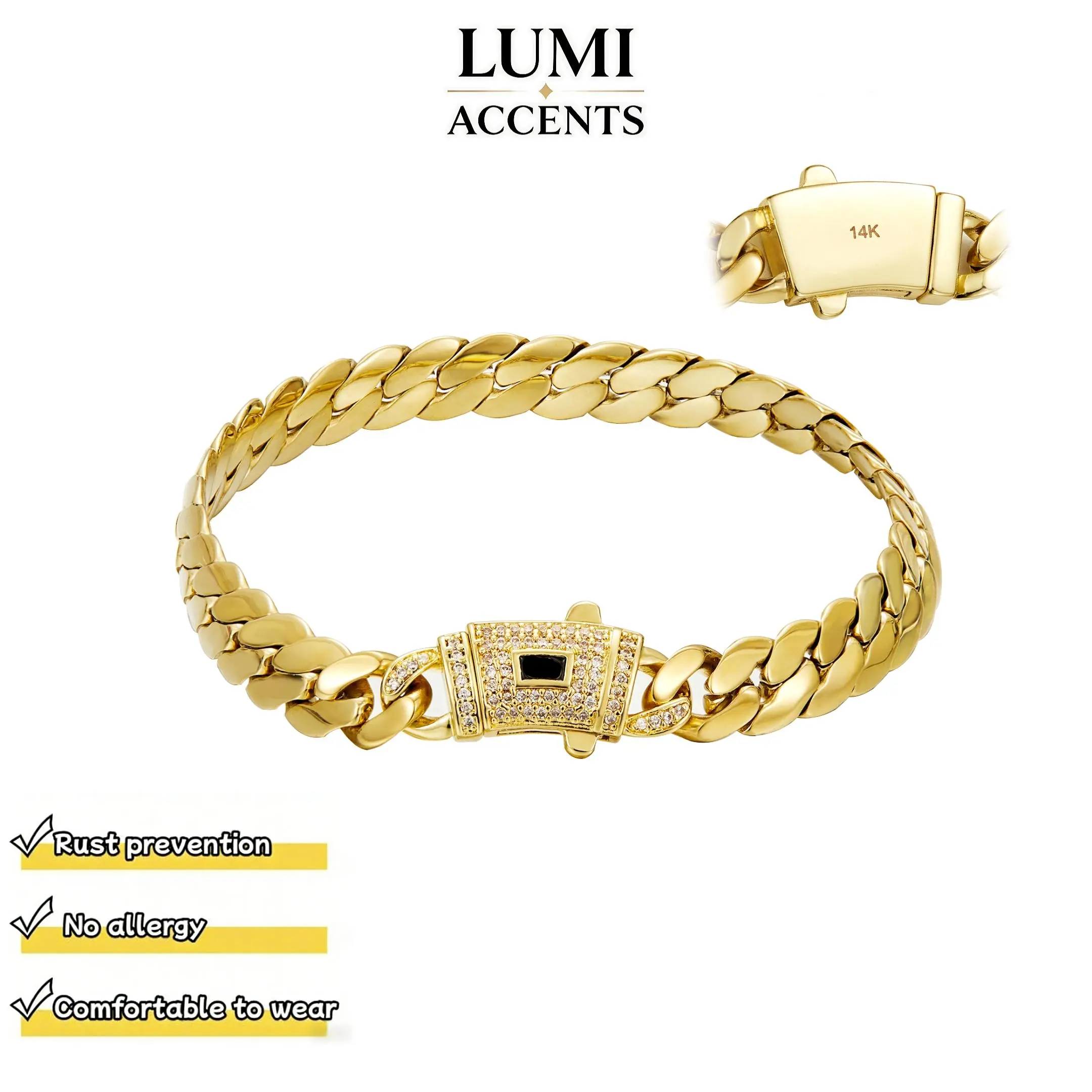 14K Gold Plated 8mm Miami Cuban Link Bracelet - Unisex Fit, 2 Sizes (7.5in & 8.5in), Diamond Accent Clasp, Waterproofed, Tarnish Free, Hypoallergenic, Daily Wear Miami Link Chain, Luxury TikTok Trending Fashion Accessory, Gift Option