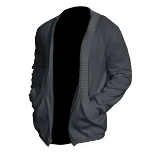 Zaitun Men's Solid Pocket Shawl Collar Cardigan, Loose Casual Long Sleeve Open Front Knitwear for Spring & Fall, Fashion Men's Knit Clothing for Daily Wear