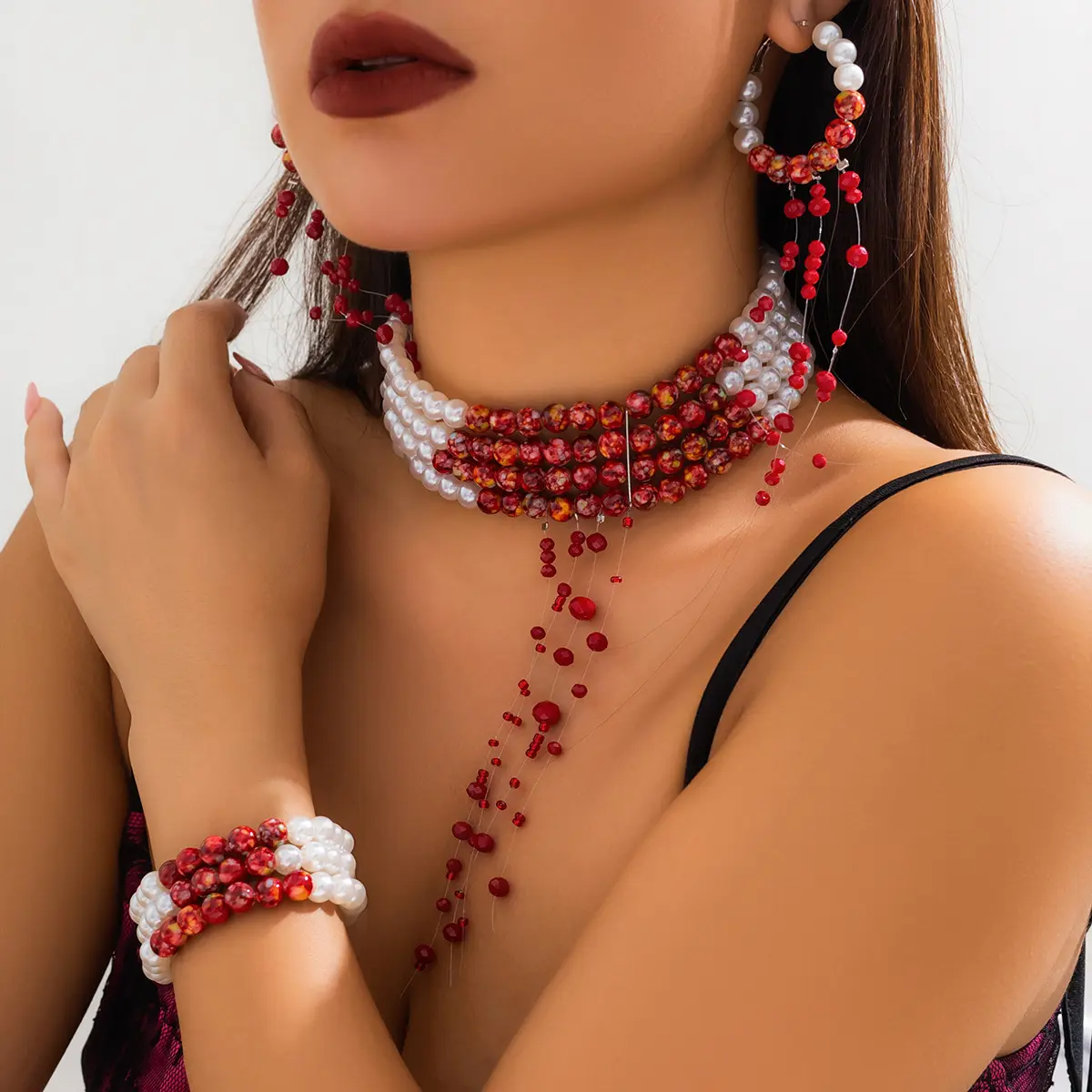 Gothic style pearl necklace choker with blood drop tassels and collarbone pendant handmade jewelry hip hop style jewelry