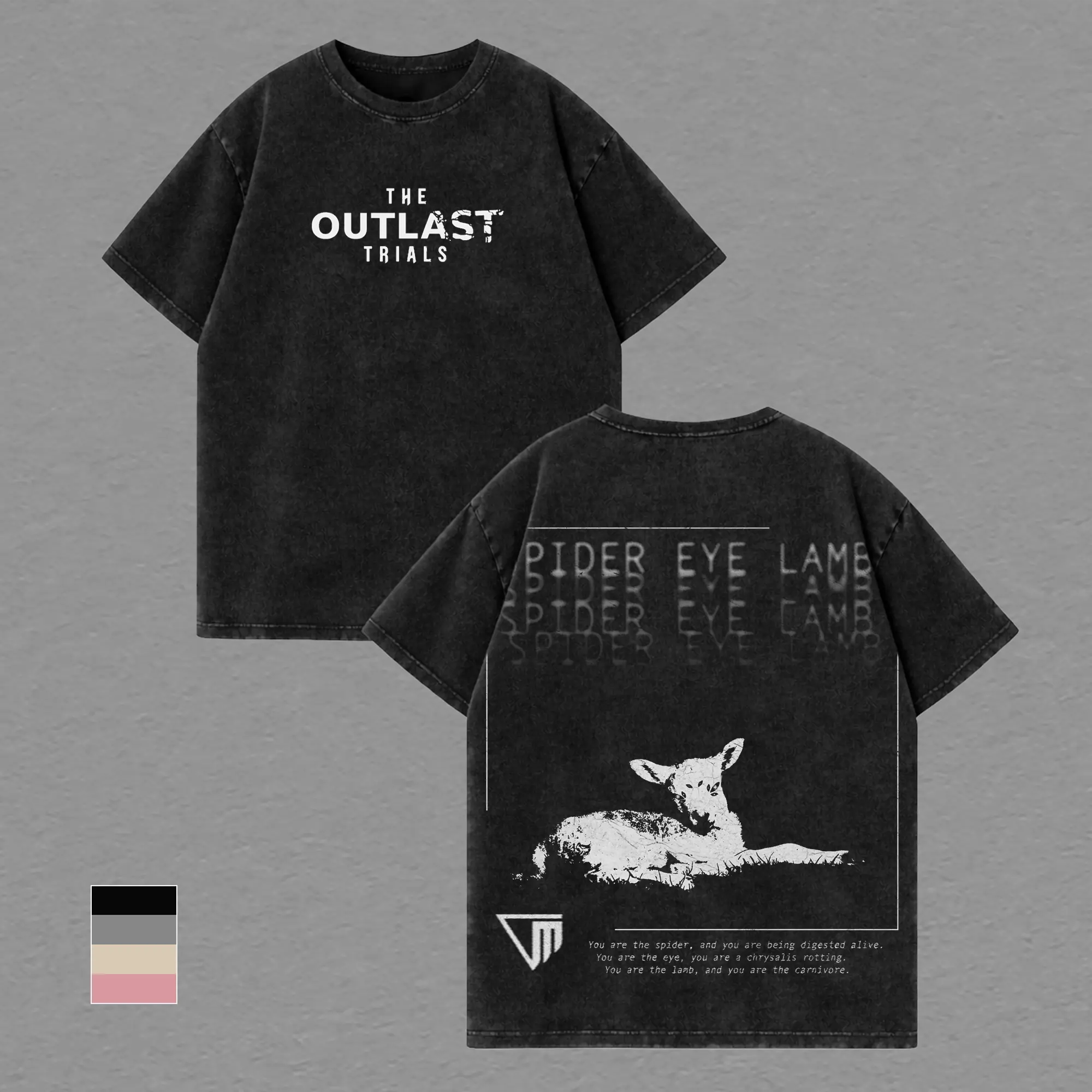 Outlast Trials Spider Eye Lamb Vintage Washed Oversized Cotton T-Shirt, Double Print Horror Game Graphic Tee, Dark Gothic Streetwear Unisex Gamer Shirt, Acid Wash Black Alt Clothing Gift
