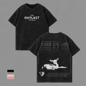 Outlast Trials Spider Eye Lamb Vintage Washed Oversized Cotton T-Shirt, Double Print Horror Game Graphic Tee, Dark Gothic Streetwear Unisex Gamer Shirt, Acid Wash Black Alt Clothing Gift