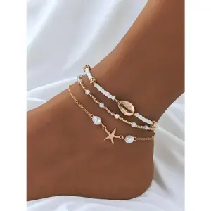 ChicBloom B Women's Boho Style Starfish & Shell Decor Anklet, Fashionable Beaded Anklet for Beach Party Vacation, Elegant All-match Fashion Accessories for Daily Wear, Trendy Jewellery Accessories