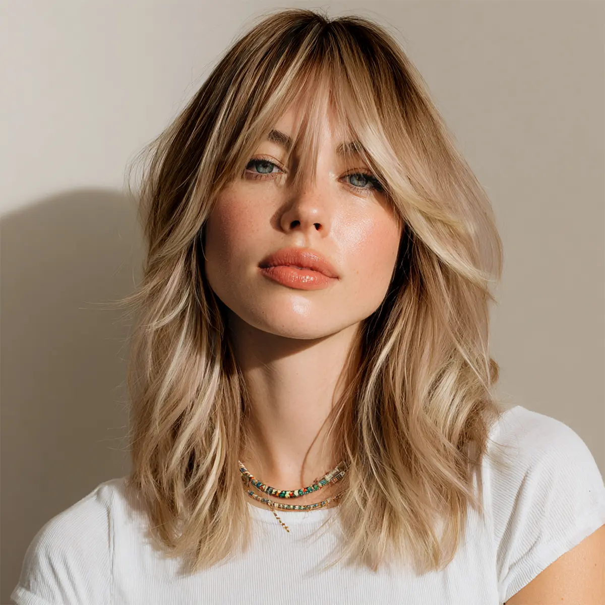 SMILCO/16 Inches Ombre&Highlight Brown With Blonde Medium Curly With Bangs Synthetic Wig/SM468