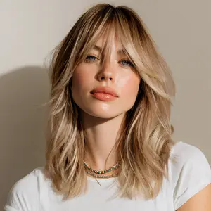 SMILCO/16 Inches Ombre&Highlight Brown With Blonde Medium Curly With Bangs Synthetic Wig/SM468