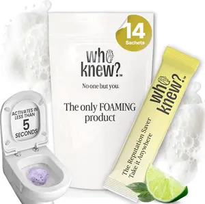 Who Knew Toilet Foam Bombs - 14 Count Discreet & Portable Citrus Scent Foaming Powder | On-The-Go Toilet Refresher for Bathroom Anxiety | Instantly Eliminates Odor, Sound & Stains