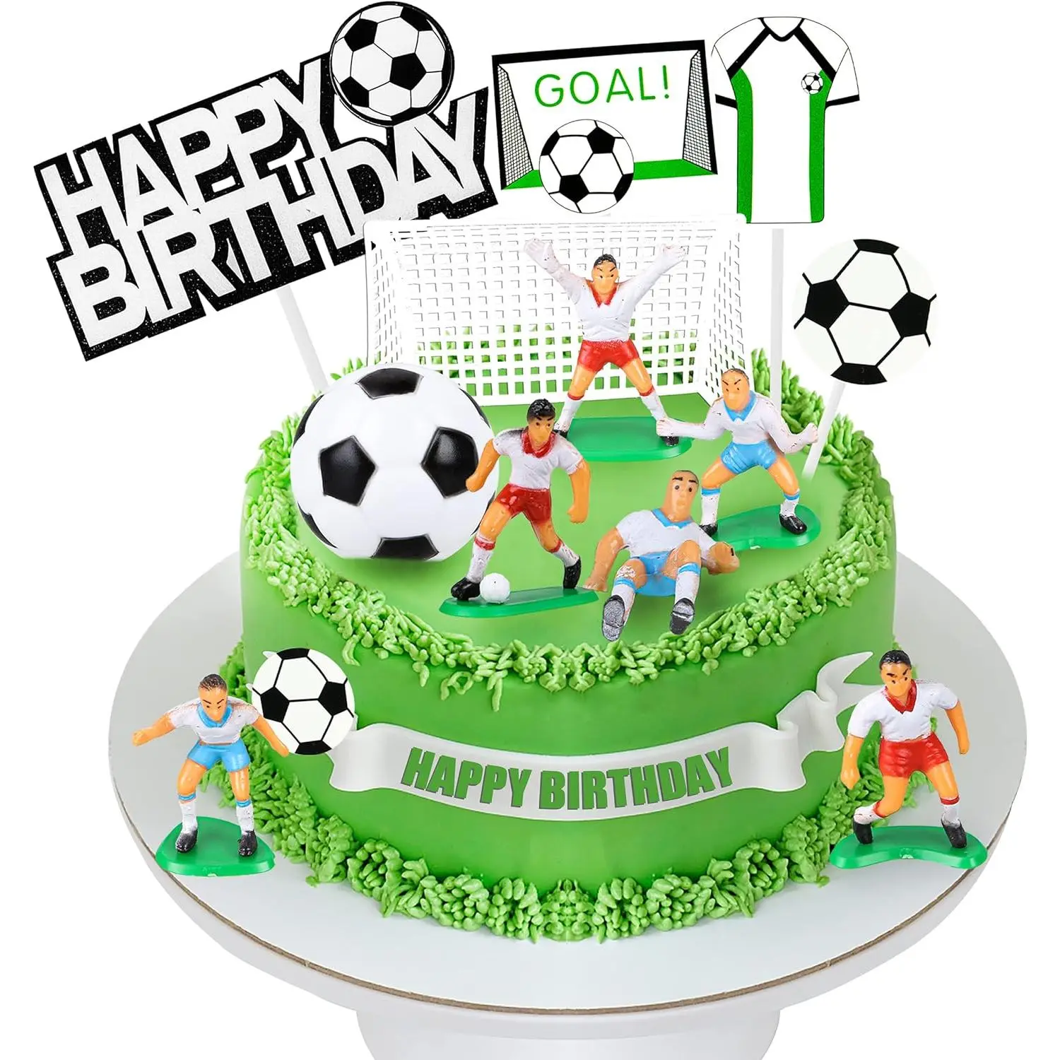 XY-SO10 14-PCS High-Quality Resin Soccer Ball Cake Decor Set - 2 Goals, for Soccer Players, Boys' Happy Birthday Party Settings, Festive & Home Supplies