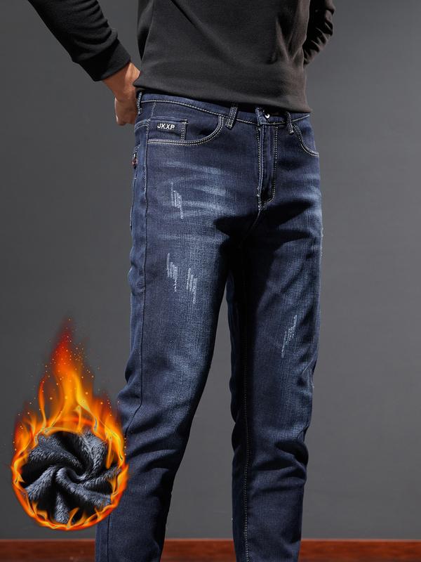 New Fall Winter Fleece Lined Thick Slim Fit Jeans for Men, Casual High-End Elastic Long Pants, Autumn Fashion Menswear