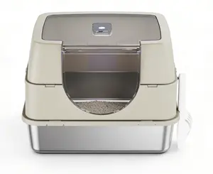 Beige Hooded Cat Litter Box with Stainless Steel Tray for Cat Owners, 19.7"x13.8"x13.8" Overall, 19.7"x13.8"x3.9" Metal Liner, Ideal for Small Spaces, Odor Control, Easy Clean, Includes Scoop