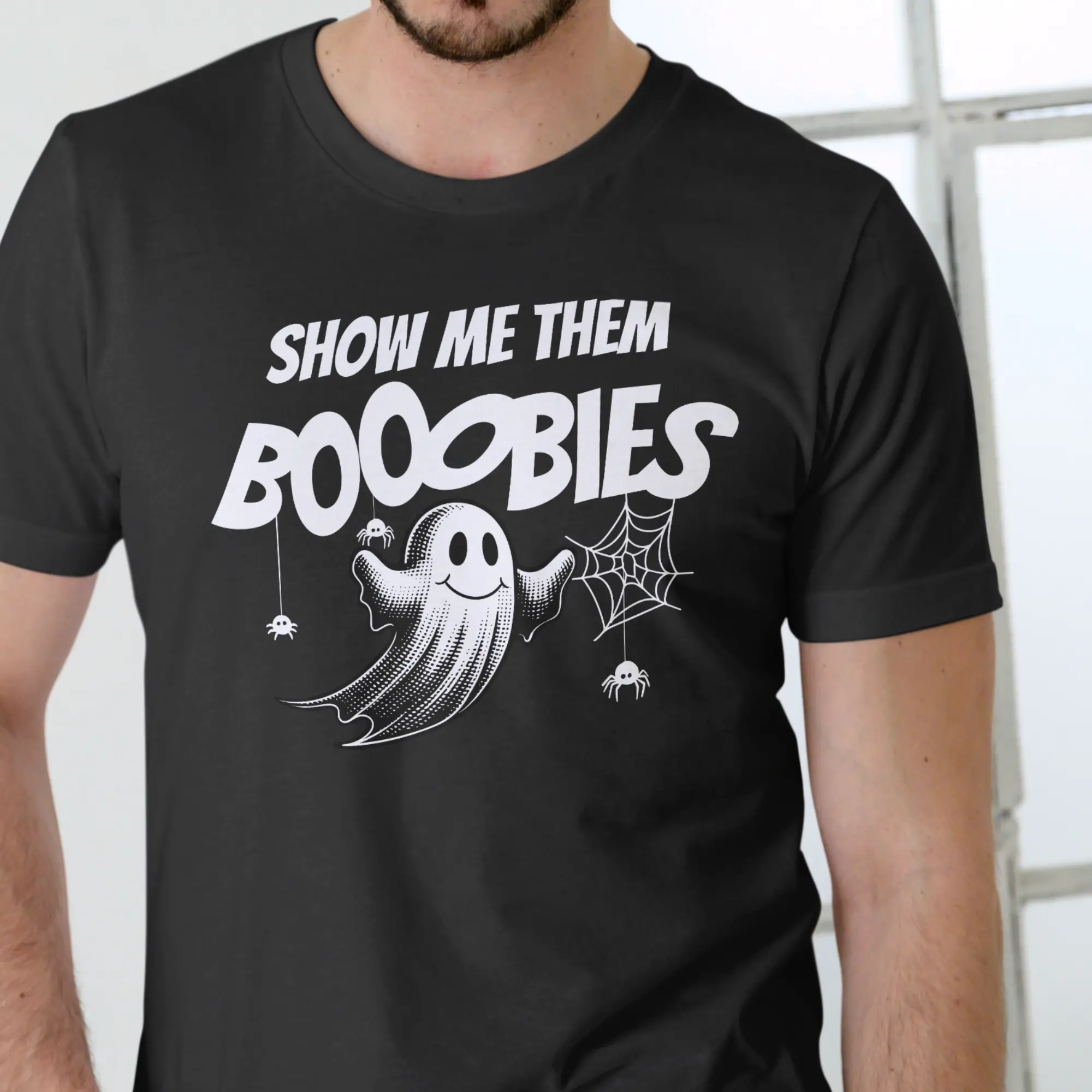 Men's Charcoal Short-Sleeve Cotton T-Shirt - Round Neck Menswear Top, Casual Stylish Tee, Unisex Halloween Festive Spooky Ghost and Spider Design