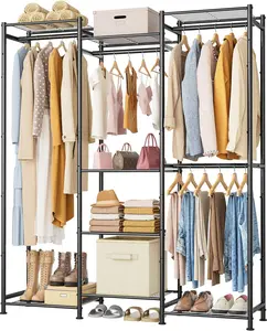Black Iron Free-Standing Wardrobe Closet - 4 Hanging Spaces, 49.76" L x 11.81" W x 62.2" H, Durable Portable Clothes Storage Organizer with Hanging Rods, Assembly Required, Suitable for Bedroom, Laundry Room