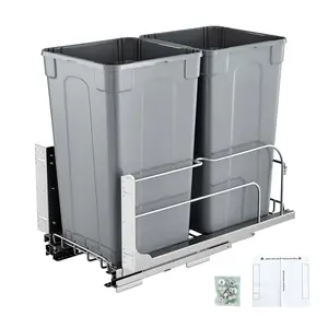 VEVOR Pull-Out Trash Can, TikTokShopBlackFriday, 27 QT x2 Double Under Mount Kitchen Waste Container, Heavy Duty Garbage Recycling Bin with Door Kit and Soft Close Slide, for Kitchen Cabinet, Sink, Under Counter (Grey)