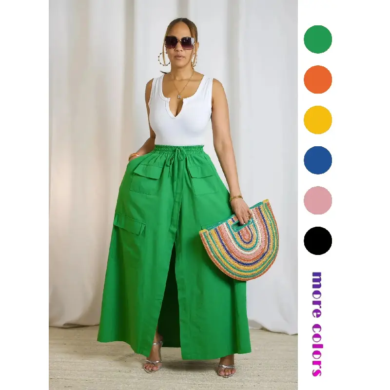Women's Plain Woven Adjustable Drawstring High-Waist Skirt, Casual Boho Pocket Wrap Skirt for Summer, Ladies Bottoms for Beach Holiday
