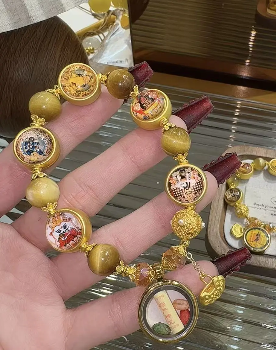 Yellow God of Wealth Bracelet, 10mm Crystal Beads Cultural Item, 15cm Wealth Symbol Rare Stone Carving Collectible