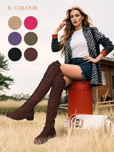 Colorful Faux Suede Over-The-Knee Boots for Women, Lace-Up Low Heel Long Boots, Versatile Retro Slimming Elastic Boots, Footwear