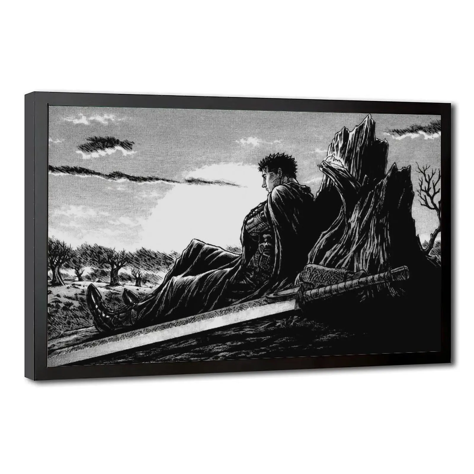 Vintage Berserk Guts Solitude Landscape Poster | Classic Manga Monochrome Illustration Canvas Wall Art Inspirational Dark Aesthetic Home Decoration For Anime Enthusiasts