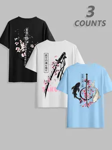 Men's Classic Sakura Knife Graphic Print T-Shirt 3-Piece Set, Summer Round Neck Short Sleeve Casual Comfort Top, Outdoor Wear
