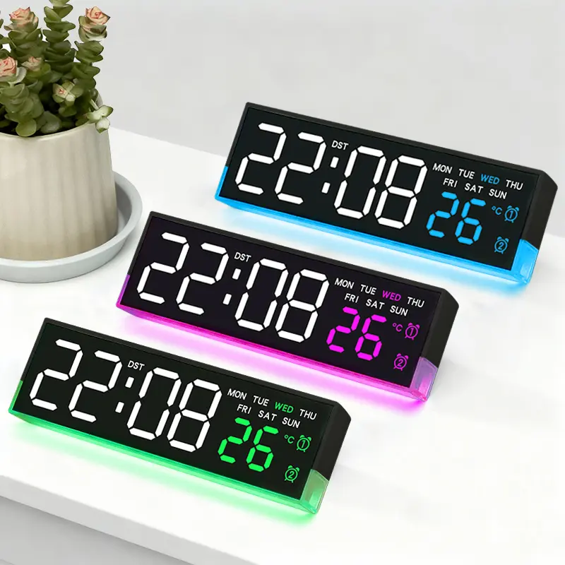 8" Digital Desk Alarm Clock - Modern Luminous U-Shape RGB Light, Auto-Dimming, Dual Alarms, LED Eye-Care Green Display, Temperature Humidity Date Tracking, Gift Clock for Office Bedroom Reminder Decor, Remind