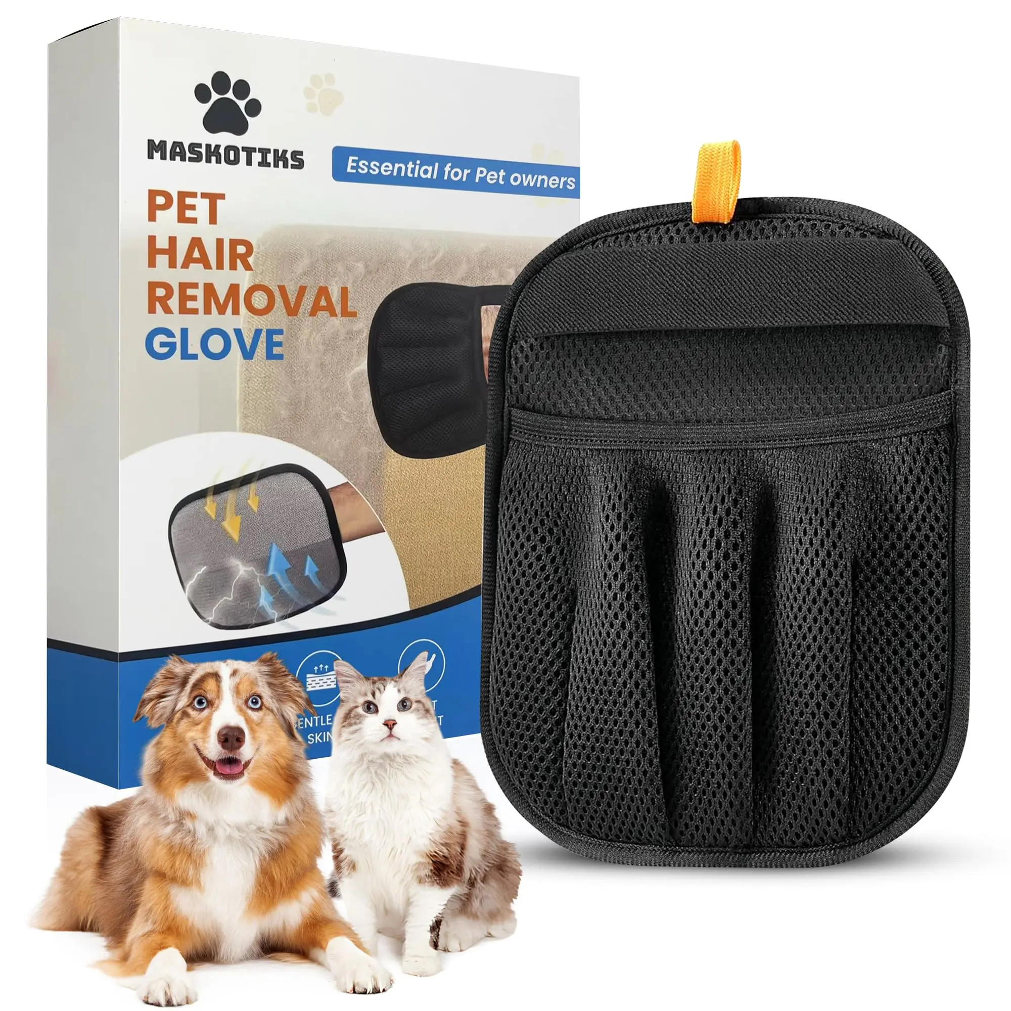 Maskotiks Electrostatic Pet Hair Removal Glove with 5-Finger Design for Couch, Car, Carpet - Light and Washable