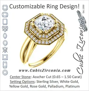 Cubic Zirconia Engagement Ring- The Brielle (Customizable Asscher Cut Cathedral Double-Halo with Curved Split-Band)