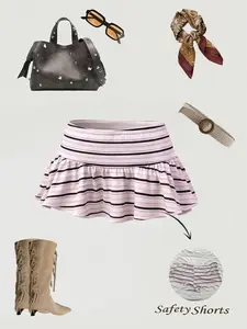Elegant Playful Girl Summer Striped Hem Ruffle Waist Elastic Lined Ultra-Short Skirt, Women's Fashionable Short Dress
