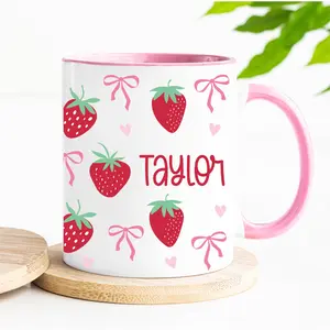 Personalised Strawberry Mug Strawberry Aesthetic Coquette Bow Custom Coffee Mug Hot Chocolate Customizable Mug Strawberry Birthday Gift Idea 