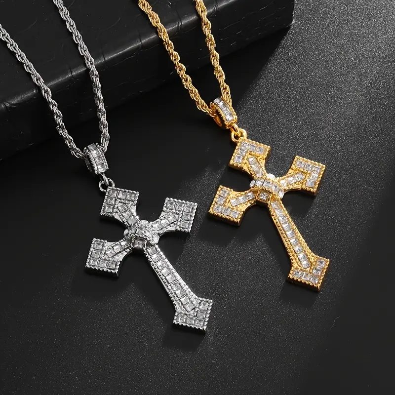 Vintage Cross Pendant Necklace with Sparkling Cubic Zirconia, Luminous Talisman for Men and Women, Party Gift, Cubic Zirconia Pendant, Sparkling Cz Necklace, Cross Chain Design, Glitter Cross Pendant