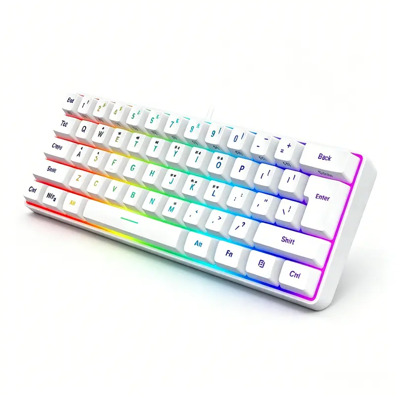 60% Wired Gaming Keyboard, 61 Keys RGB rainbow Backlit Mini Keyboard with Wrist Rest, Ultra-Compact Waterproof Ergonomic Membrane Keyboard, Plug & Play for PC Gamers White