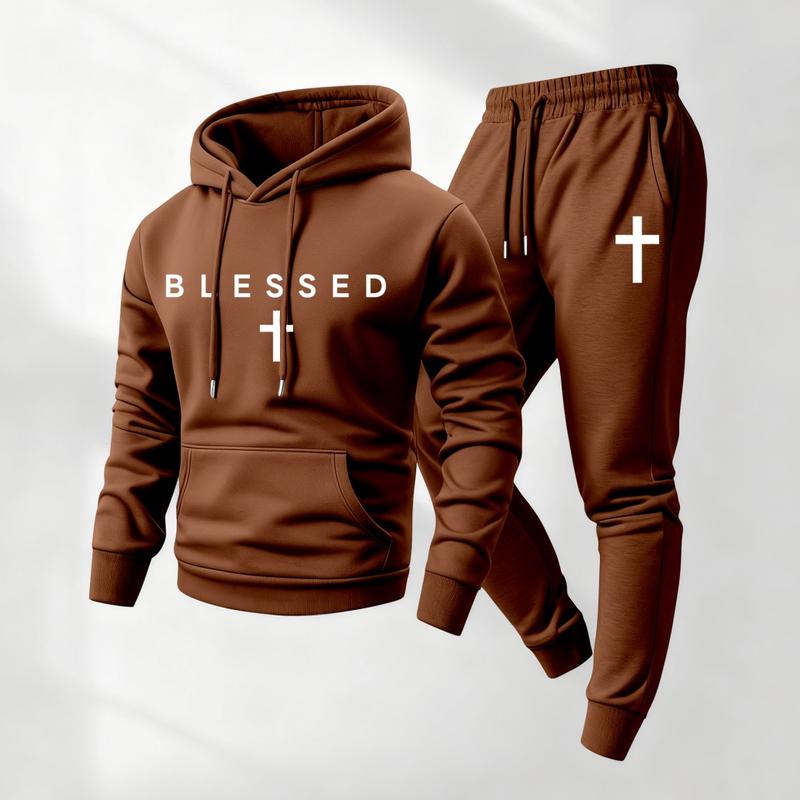 Men's Blessed Printed Hoodie and Drawstring Sweatpants Set, Menswear, Casual Athletic Long Sleeve Hooded Jacket & Trousers for Fall & Winter, Men's Clothing for Daily Wear, Sportswear Indoor Outdoor, Tracksuit, Athleisure Summer Clothes2