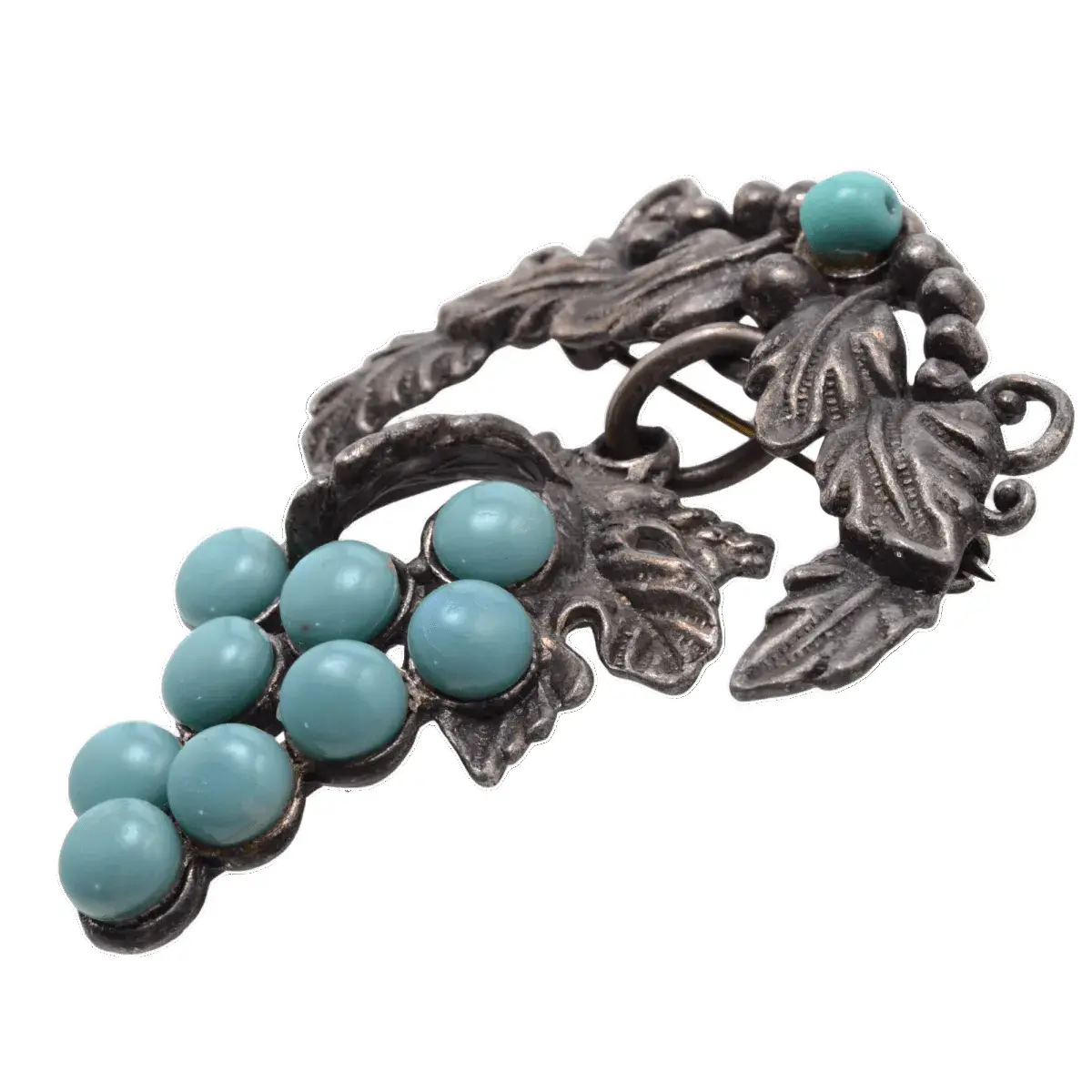 Antique Bronze Turquoise Grapevine Brooch Pin - Miriam Haskell Style 49x60mm