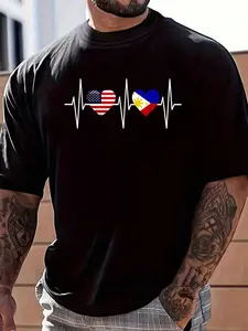 100% Cotton USA Philippines Shirt Heartbeat America Filipino Flag Heart T-Shirt Women's Men's Graphic Tee Crew Neck summer vacation Tops