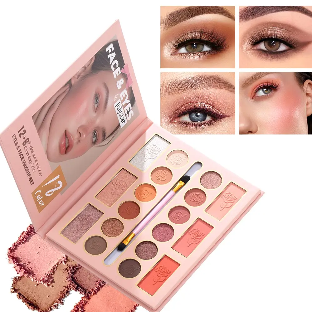 Romantic Floral 18-Color Face & Eyes Makeup Set, Matte & Shimmery Eyeshadow, Rose Embossed Blush & Highlighter, Long-Wear, Compact with Brush