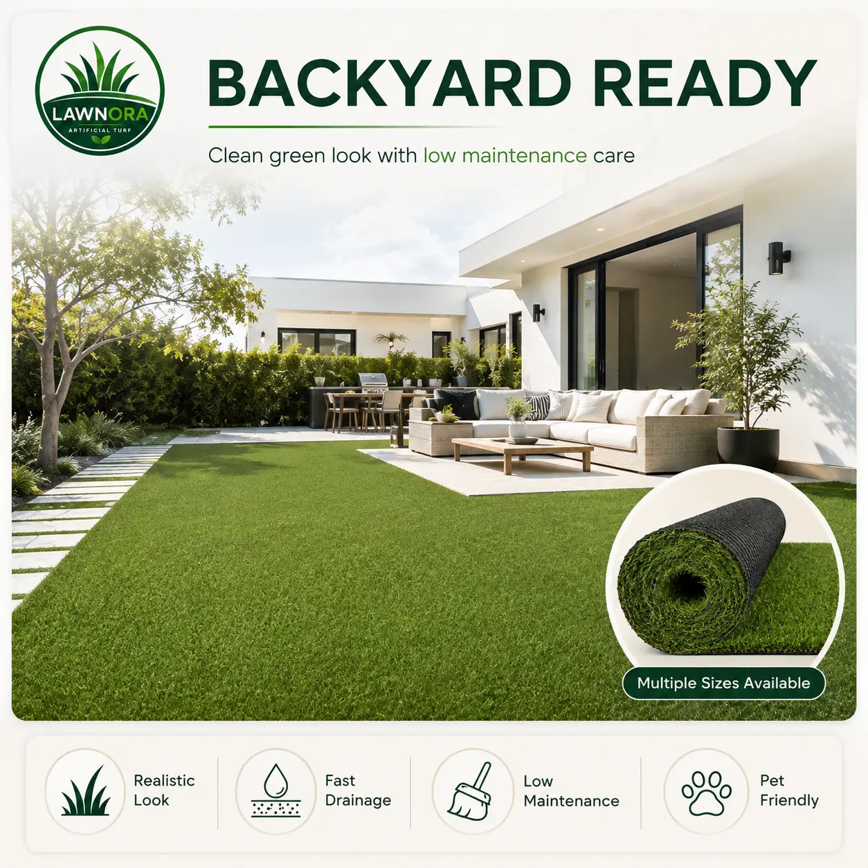 LAWNORA Artificial Turf Grass Rug, Realistic Synthetic Fake Grass, 0.2 in Pile Height, Easy-Cut Low Maintenance Outdoor Turf Carpet for Dogs, Garden, Patio, Balcony, Backyard and Play Area