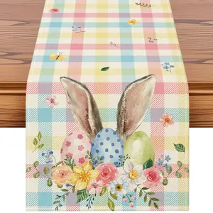 1PC Spring and summer style  Easter Bunny Ear Flower Eggs Table Runner,  Pink Blue Buffalo Plaid Holiday Kitchen Dining Table Decoration for Easter Home Decor 13x72 Inch