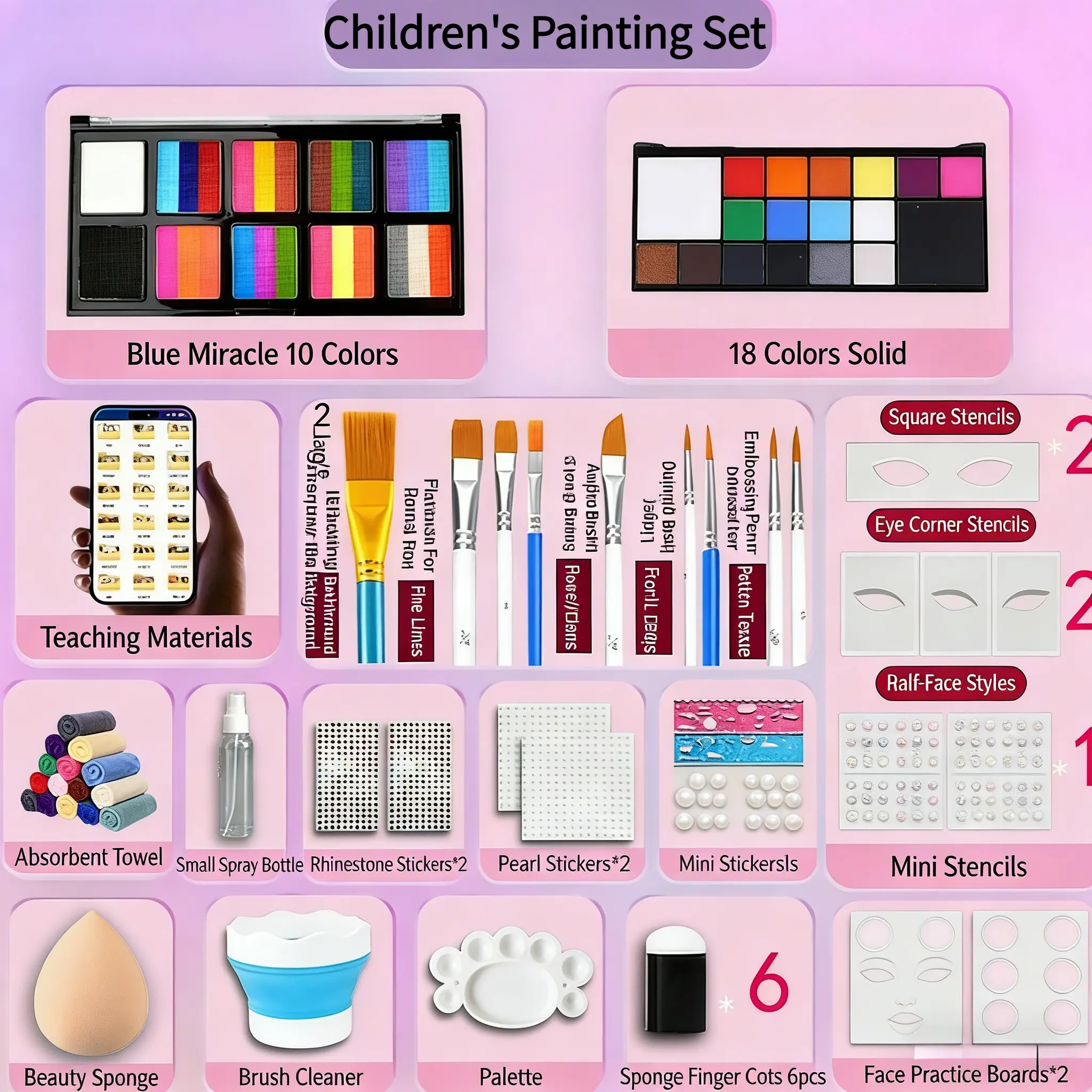 10 Grid Kids Face Paint, Non-Toxic Body Paint, Safe Kids Makeup, Party Face Paint, Water-Soluble Face Paint