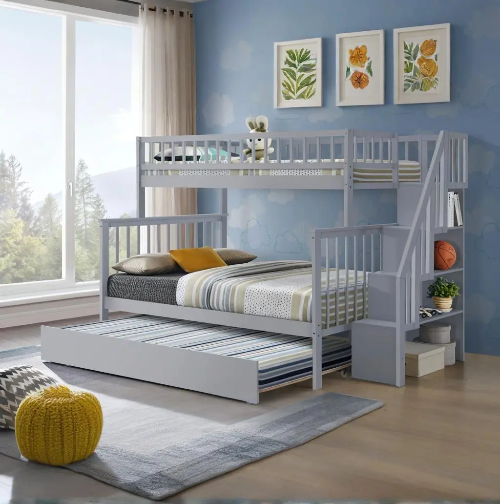 Twin over Full Stairway Bunk Bed with Trundle for Kids Teens, Solid Wood Frame, Gray Finish, Space-Saving Design for Bedroom, Guest Room, Dormitory, Includes Ladder and Safety Rail, No Box Spring Needed, Bedroom Furniture for Bedroom