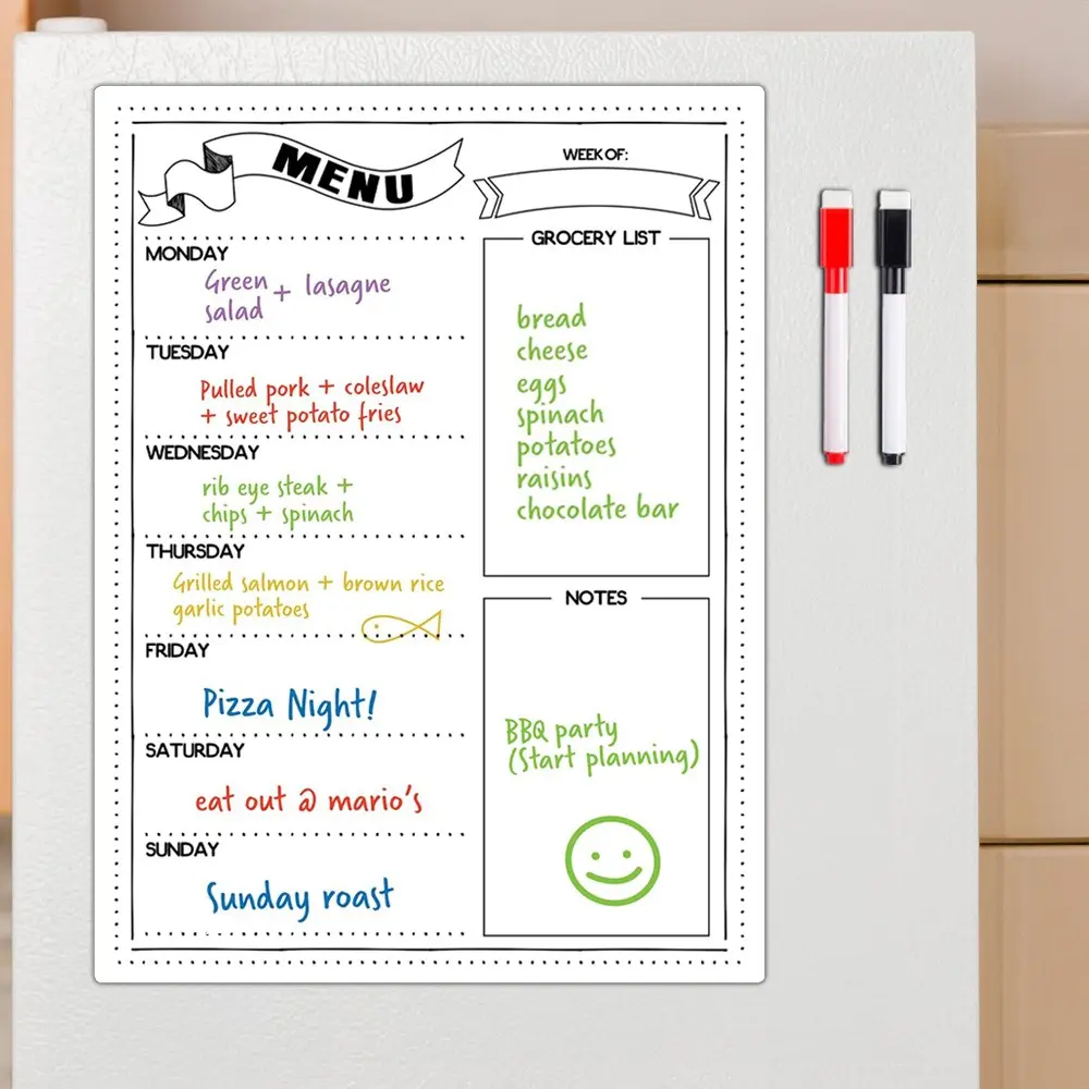 Magnetic Weekly Meal Planner for Refrigerator, Meal Planning and Shopping List Board, Memo Board, Home Plan Announcement Board and Visual Schedule Board, Weekly Use, Menu Planner, White, Weekly Fridge Calendar, Includes Two Markers