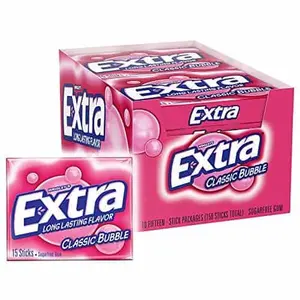 EXTRA Classic Sugar-Free Bubble Gum - 15 Slim Packs, 10 Sticks Each, Sweet Chewing Gum for Food and Snacks