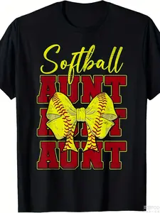 Women'S & Men'S Softball Aunt Graphic T-Shirt - Retro Softball Lettering & Bow Design, 220gsm Heavyweight Pure, Breathable Round Neck Short Sleeve Tee for Casual & Sports Events - All-Season Comfort, Unisex Fit for Softball Games