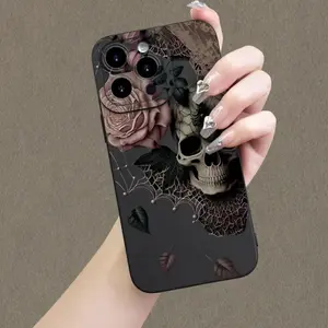 Skull & Flower Pattern Phone Case, Full Coverage Lens Phone Protective Cover, Phone Compatible with iPhone 11 12 13 14 15 Pro Max, Boyfriend Gift, Protector Floral Protection