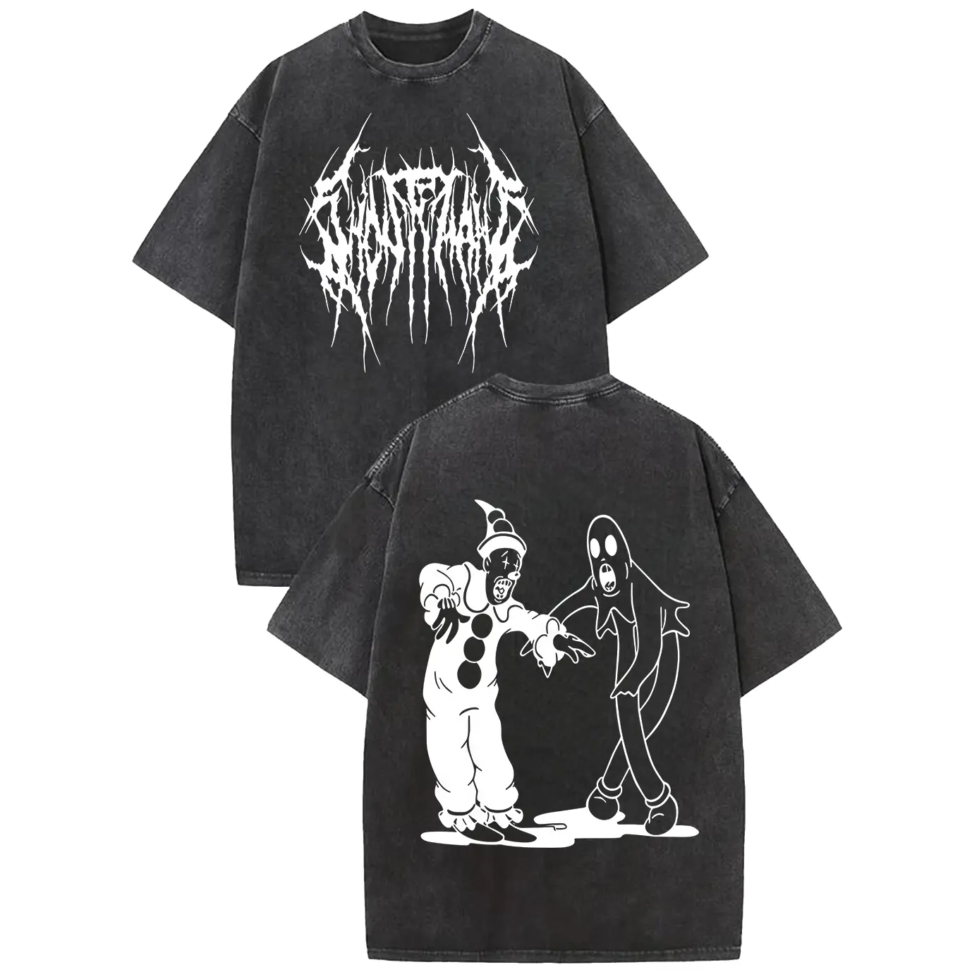 Women's Retro Oversized Round Neck Short Sleeve Heavyweight Cotton Casual Fashion Tee - Vintage Washed, Double-Sided Scary Clown & Ghost Graphic, Dark Trap Metal Streetwear, Supernatural Aesthetic for Concerts, Loose-Fit Unisex Menswear-Inspired T-Shirt