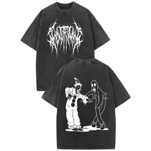 Women's Oversized Round Neck Short-Sleeve Heavyweight Cotton T-Shirt - Vintage Washed, Double-Sided Scary Clown & Ghost Graphic, Dark Trap Metal Streetwear Top, Unisex Alternative Rap Casual Apparel for Concerts, Festivals, Shortsleeve