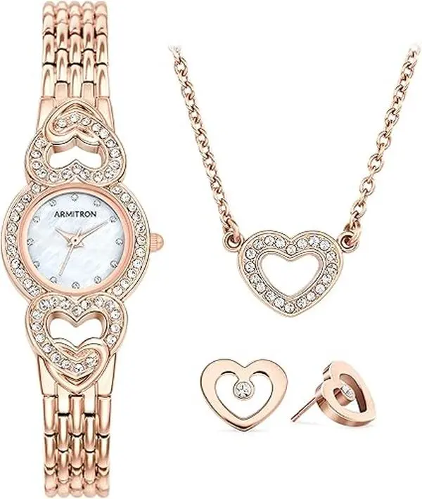 Armitron Women's Romantic Rose Gold Heart Jewelry Set - Gold-Toned Ornate Crystal Metallic Wrist Watch, Earrings, 58 Genuine Crystals, 30M - 50M Water Resistance, Mother-Of-Pearl, Silver Accents, Clasp, Quartz, Model 75-5650MPRGST, Ideal for Watch Lovers