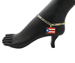BA UNIQUE FASHION Puerto Rico Flag Charm Figaro Chain Ankle Bracelet 14K Gold Plated Women's Foot Jewelry 5mm 10" Chain