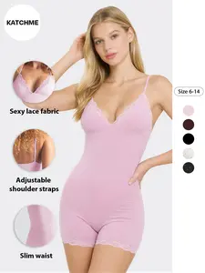 Women's Minimalist Lace Series Solid Color Spaghetti Strap Slim Stretch Shapewear Playsuit Lace Lingerie Bodysuit