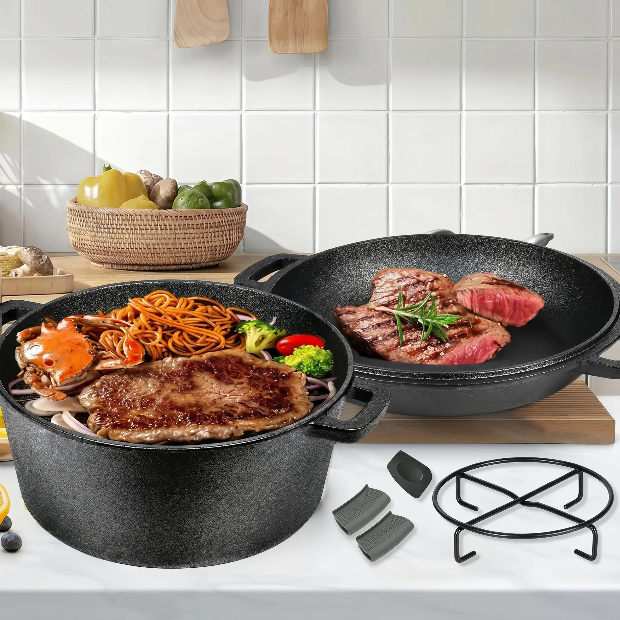 5QT Pre-Seasoned Non-Stick Cast Iron 2-in-1 Combo Cooker - Portable Camping Cooker with Dual-Use Skillet Lid, Heavy-Duty Heat Retention, Oven Safe, Value Accessories, Outdoor Cooking Station for Campfire Meals Easy, Sourdough Bread Baking, Family Stews