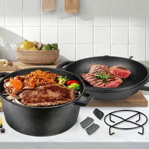 5QT Pre-Seasoned Cast Iron 2-in-1 Dutch Oven & Skillet Combo, Heavy-Duty Multi-Functional Pot with Skillet Lid for Camping, Baking Bread