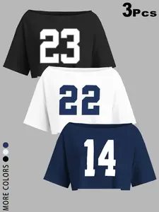 Women's 3Pcs/1Pcs Off Shoulder Number Print Crop Tops, 2026 TikTok Viral Y2K Aesthetic T-Shirts,Daily, Party, Club, Vacation, Street Style, Summer Outfits, Cute Versatile Basic Tops for Teen Girls & Young Women, Off The Shoulder Blouses
