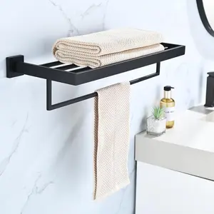 Black Towel Rack 24'' Bath Towel Shelf with Towel Bars SUS304 Matte Black Stainless Steel Wall MountedModern Bathroom Storage Shelf