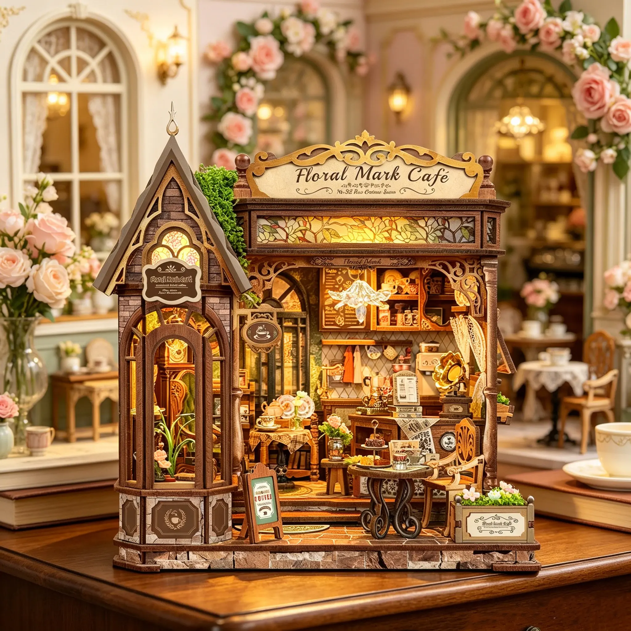Wooden DIY Coffee House Model, Assembly Kit, Pine Tree Design, Non Disposable, Harvested in China, Xsl-01-A Model, DIY Building Model